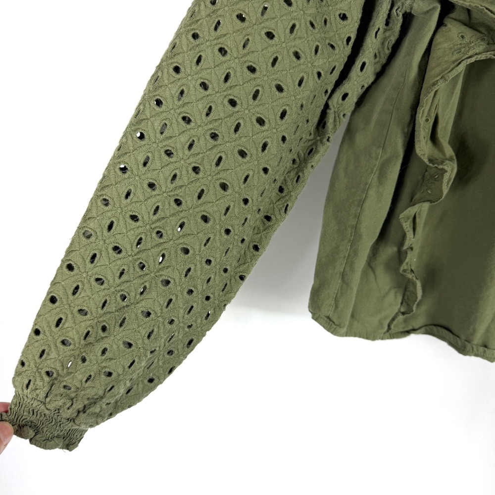 Maje Linode Eyelet Ruffle Blouse Green Long Sleeve Top Sz 1 FR / 4 US - Picture 6 of 11
